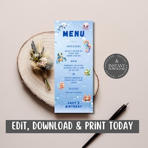 Podwodni przyjaciele z kartą menu w tle pod wodą / listą potraw na przyjęcie urodzinowe dla dzieci, możliwość dostosowania za pomocą Canva - UBB