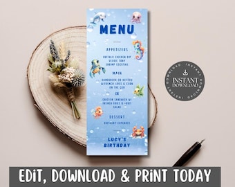 Puede incluir: Una plantilla de menú imprimible azul y blanca con un diseño de temática marina. El menú presenta una variedad de opciones de comida, que incluyen aperitivos, platos principales y postres. El texto "Lucy's Birthday" está en la parte inferior del menú.