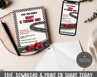 Primera vuelta a la pista: invitación para fiesta de primer cumpleaños con invitación para compartir con Evite / descarga digital / coche rojo, carreras, pista de carreras, personalización - FLT