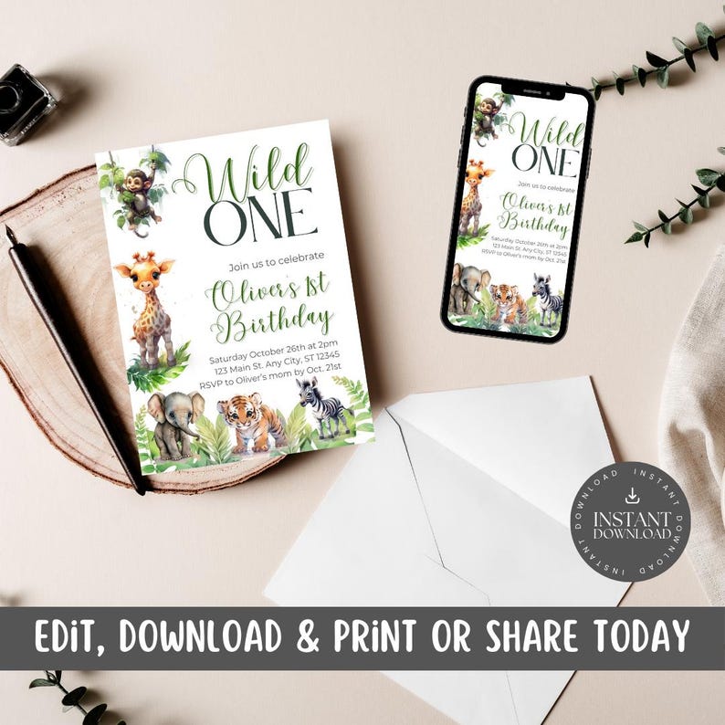 Wild One First Birthday Party Invitation print & Evite for Kids, Boys