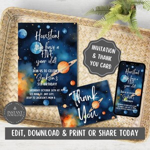 Houston ! Nous avons une carte d'invitation et une carte de remerciement pour un anniversaire de 5 ans pour enfants, garçons, filles/espace extra-atmosphérique, planète/modifier via Canva - HOUS