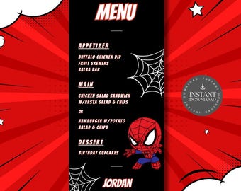 スパイダーマン誕生日メニューカード：スーパーヒーローパーティー｜スパイディと彼の素晴らしい仲間たち｜フードリスト - SPMB