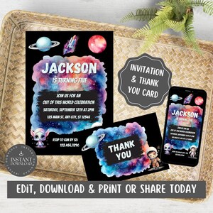 Out of This World, Outer Space-verjaardagsuitnodiging en digitale evite met bedankkaart voor kinderen, tieners / Aanpassen via canva - OTW