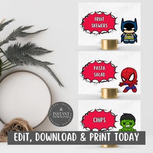Cartões de Buffet Calling All Superheroes (10 cartões incluídos) / Placas de comida / Festa de aniversário infantil, meninos e meninas / Personalize via Canva - SBO2