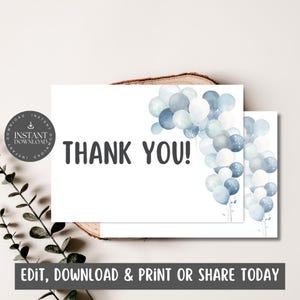 Balões de aquarela azul Cartão de agradecimento / Nota para festa de aniversário de crianças, meninos e meninas / Download digital / Personalizar via Canva - BLWB
