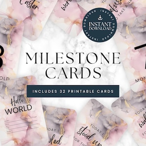 Tarjetas de hitos de bebé con tinta de alcohol en rosa y dorado: juego de 32, 4 x 6 pulgadas / Regalo para baby shower / Esperando una niña o hija / Editable a través de Canva