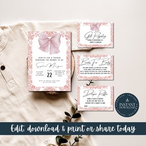Roze strik, toile babyshowerset met uitnodiging, luierloterij, boeken voor baby en register, in verwachting van een meisje, dochter / deelbaar - TOILE
