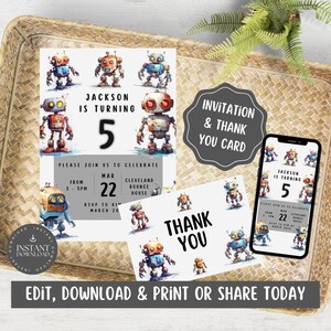 Verjaardagsuitnodiging voor kinderen met robotthema (afdrukbare en deelbare versies) en bedankkaartset / bundel, jongens, tieners / Aanpassen via canva - ROBO