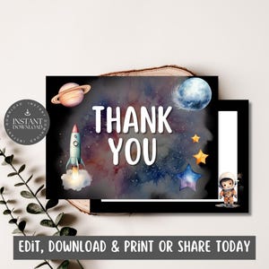 Tarjeta de agradecimiento Two the Moon / Nota / Segundo cumpleaños con temática del espacio exterior / 5 x 7 " - Doble cara / Planeta, cohete, astronauta / Personalizar a través de Canva