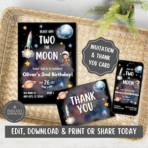 Faire-part de 2e anniversaire sur le thème de la Lune et carte de remerciement / Invitations à imprimer et à partager incluses / Personnaliser via Canva