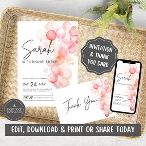 Roze aquarelballonnen uitnodigings- en bedankkaartset/bundel voor kinderen, meisjes, tieners verjaardagsfeestje, afdrukken/delen, aanpassen via canva - PWB