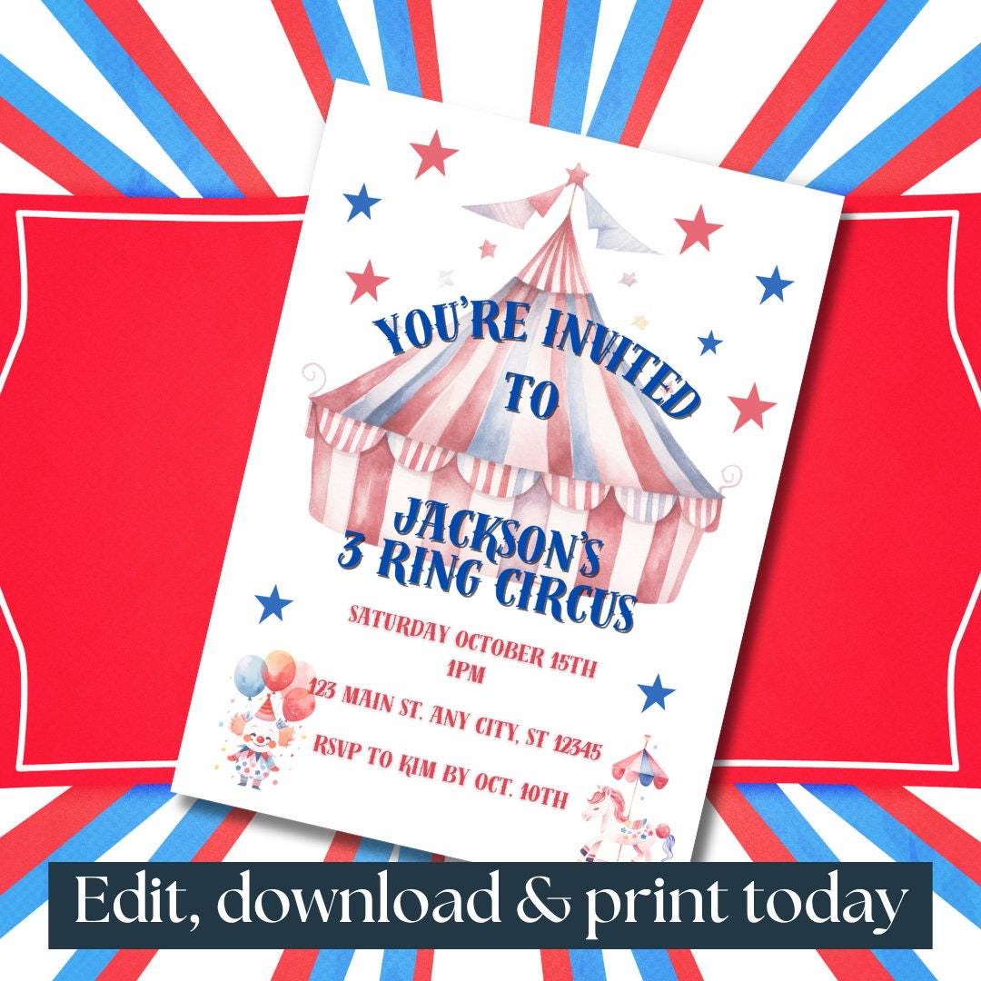 3 Ring Circus Kids Birthday Party Invitation, Three Year Old, Third ...