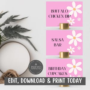 Cartões de buffet para festa de aniversário de meninas / Placas de comida com fundo rosa e flores brancas / Download digital / Personalizar via Canva - IBWF