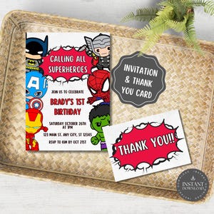 Superheldenrand kinderverjaardagsuitnodiging en bedankkaart/Oproep aan alle superhelden/Afgedrukte en deelbare versies, bewerken via canva - SBO2