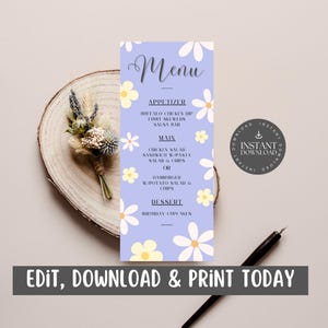 Cartão de menu para festa de aniversário de meninas com fundo roxo e flores brancas para crianças / Download digital / Personalizar via Canva - PBWF