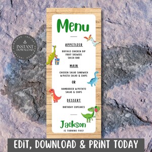 Dino-Mite Menükarte / Essensliste für Kindergeburtstag / Grün, Weiß, Luftballons, süßes Gebrüll / Personalisiere über Canva / Sofortiger Download - DMITE