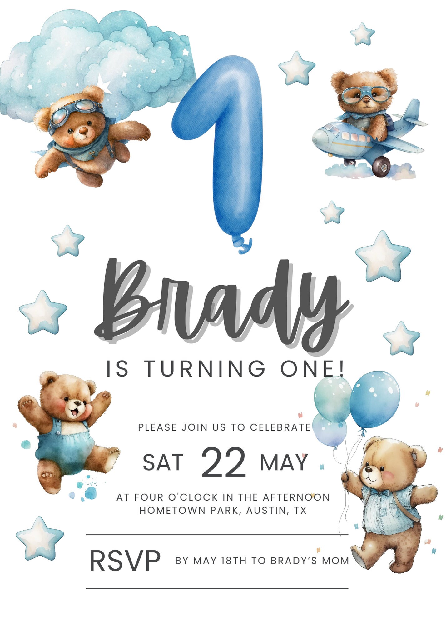 Teddy Bear 1st Birthday Party Invitation / Blue Theme / Fully ...