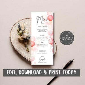 Rosa Aquarell Luftballons Menükarte für Kinder, Mädchen, Jugendliche Geburtstagsparty, Anpassen über Canva, Food List, Mahlzeit vorgesehen - PWB