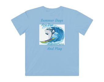 Surfing Shark "Los días de verano son para la aventura y el juego" Camiseta de punto fino para niños