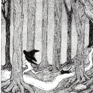 May include: A black and white illustration of a woman in a witch's hat and dress running through a forest with a black cat following behind her.