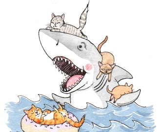 Paws - 5x7" Jaws Shark Horror Cats Print