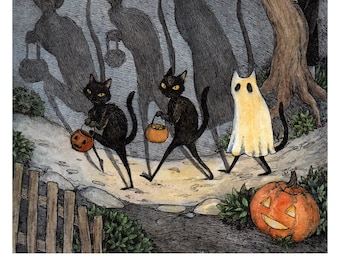 The Bad Luck Gang - 5x7" black cat halloween art print