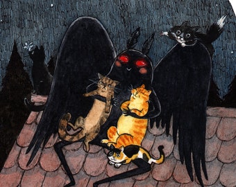 Meowthman - Mothman with Cats - Cryptids Horror Cats 5x7" Print