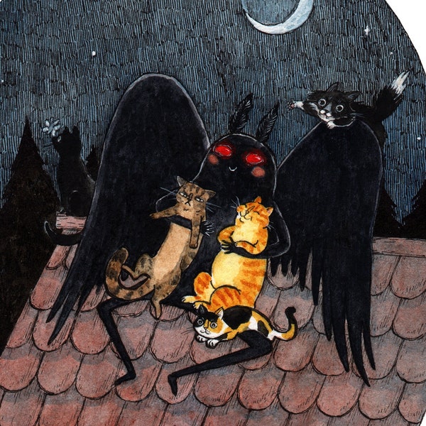 Meowthman - Mothman with Cats - Cryptids Horror Cats 5x7" Print