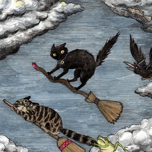 The Familiars' Joyride - 5x7" halloween witch black cat art print