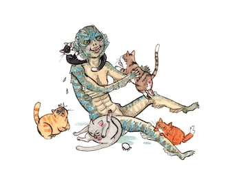 The Shape of Whiskers - 5x7" Shape of Water Amphibian Man with Cats Print