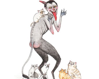 Krampussy - Krampus with Cats - 5x7" Christmas Demon with Cats Print