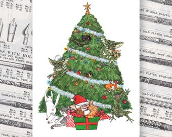 Grremlins with Cats Christmas Horror Art Print 5x7"