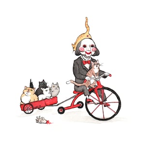 May include: Whimsical illustration of a figure on a red tricycle, wearing a puppet mask and a cat-themed hat, holding a cat. A red wagon filled with cats is attached. A severed hand lies on the ground.
