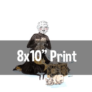 May include: An 8x10" print of a watercolor illustration featuring a character from the horror film "Hellraiser" holding several kittens. The character is wearing a black outfit and has a grid-like mask. The print also features a small box with a symbol on it and several other kittens.