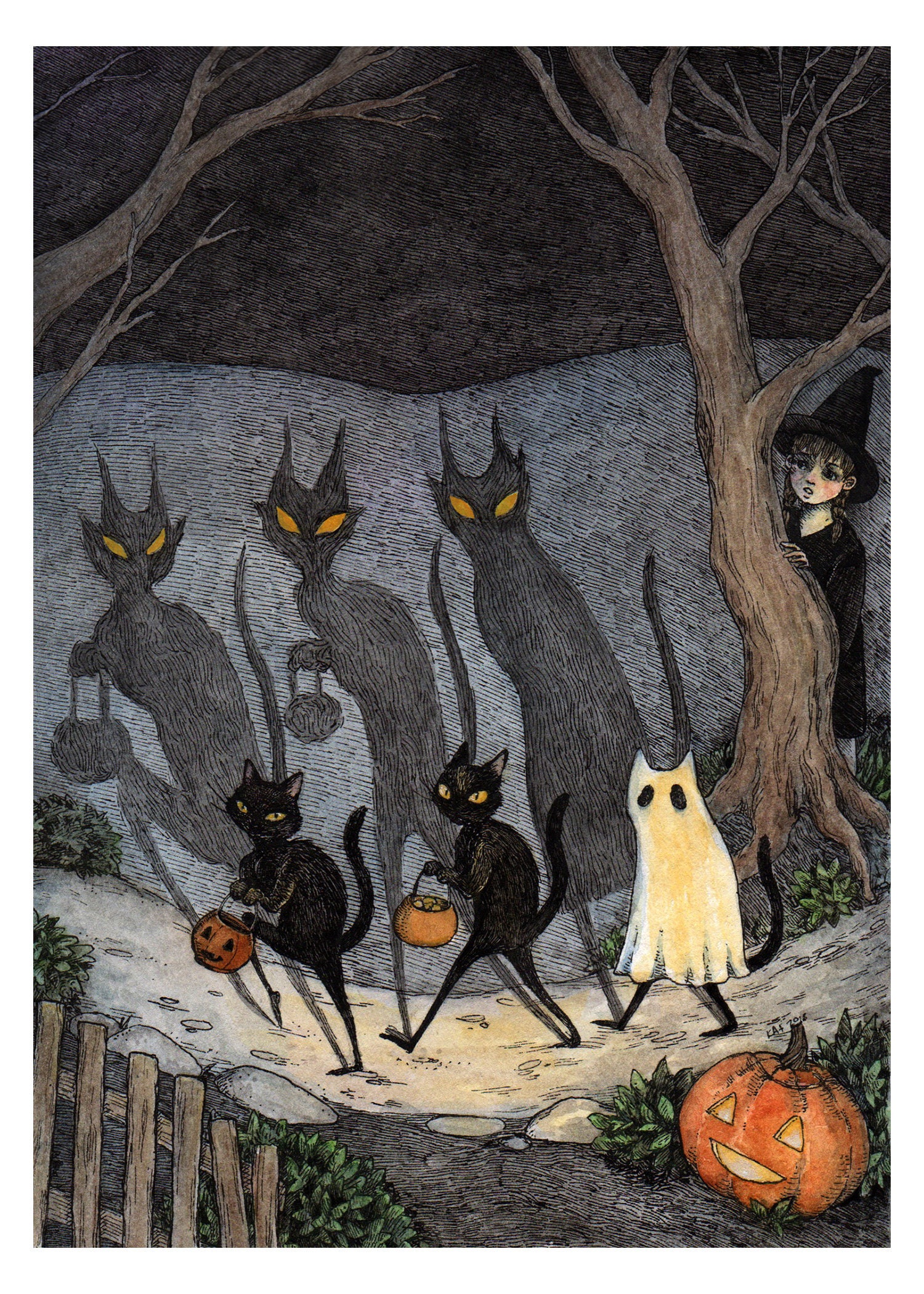 The Bad Luck Gang - Impresión artística de Halloween de gato negro de 5 x 7"