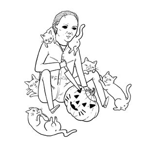 May include: Black and white illustration of a person in a mask surrounded by cats and a carved pumpkin. The person is holding a knife and wearing a button-down shirt. The cats are in various playful poses.