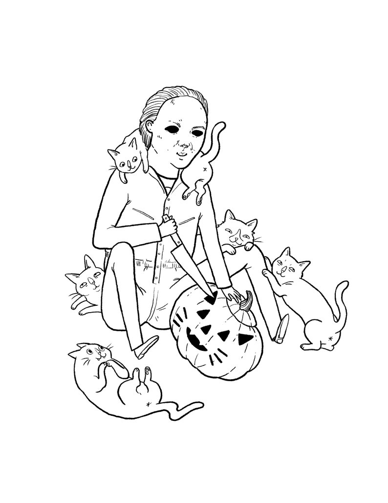 May include: Black and white illustration of a person in a mask surrounded by cats and a carved pumpkin. The person is holding a knife and wearing a button-down shirt. The cats are in various playful poses.