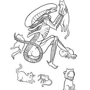 May include: Black and white illustration of an alien holding a cat, surrounded by other cats and a facehugger. The alien has a long head and skeletal features. The cats are in various poses, some interacting with the alien.