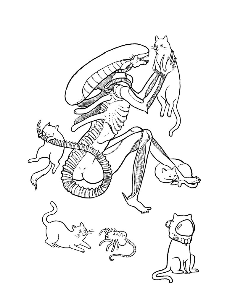 May include: Black and white illustration of an alien holding a cat, surrounded by other cats and a facehugger. The alien has a long head and skeletal features. The cats are in various poses, some interacting with the alien.