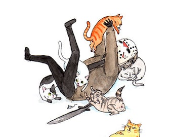 Friday the Purrteenth - 5x7" Jason with Cats Halloween Print