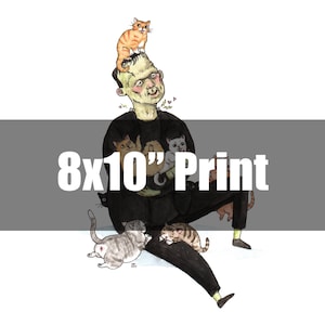 Frankhisstein - 8x10&quot; Frankenstein Monster with Cats Halloween Print
