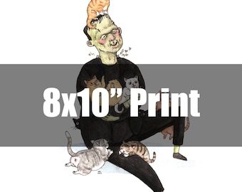 Frankhisstein - 8x10" Frankenstein Monster with Cats Halloween Print