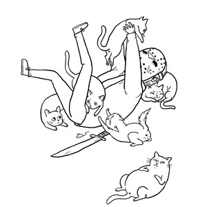 May include: Black and white illustration of a person wearing a hockey mask surrounded by cats. A large knife is on the ground. The person is holding a cat above their head. Other cats are lounging and playing.