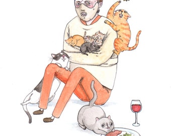 Könnte beinhalten: Eine Aquarell-Illustration einer Person, die einen weißen Pullover und orangefarbene Hosen trägt und mehrere Katzen hält. Die Person trägt eine Maske über dem Gesicht. Es sind vier Katzen auf dem Bild, eine isst ein Stück Fleisch von einem Teller und eine andere fliegt in der Luft. Die Illustration ist mit "Kat 2013" signiert.