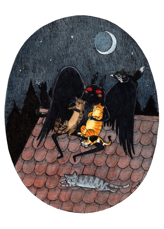 Meowthman - Mothman with Cats - Cryptids Horror Cats 5x7" Print