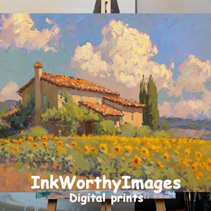 Sunflower Field Cottage Painting: Rustic Countryside Art (Digital Download)