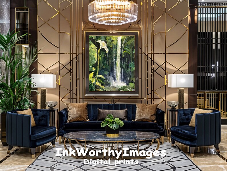 Tropical Waterfall with White Lily Lush Jungle Art Nature Landscape