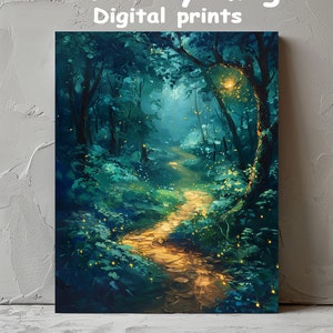 Enchanted Forest Pathway Painting | Magical Woodland Art Print | Fireflies and Glow | Digital Download | PRINTABLE