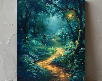 Enchanted Forest Pathway Painting | Magical Woodland Art Print | Fireflies and Glow | Digital Download | PRINTABLE