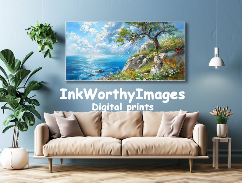 Coastal Decor Olive Tree Vibrant Wildflowers Ocean View Digital Art
